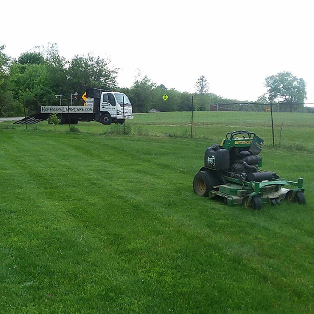 A lawn in the process of being mowed by professionals in Dublin, OH.