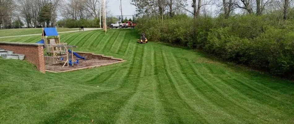 Man in Delaware, OH, mowing a lawn.