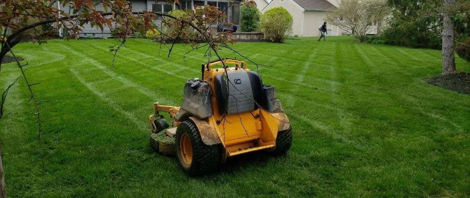 Mower on green lawn in Delaware, OH.