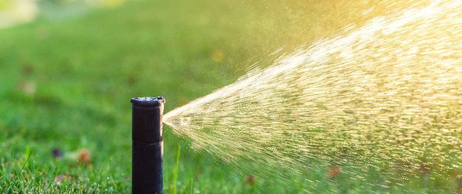 Sprinkler spraying water on a lawn in Delaware, OH.