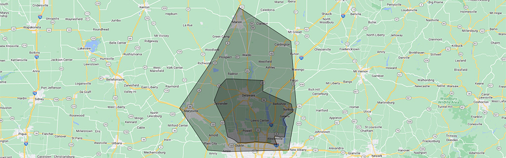 Hoffmans Lawn & Fertilization service areas map centered around Delaware, Ohio.