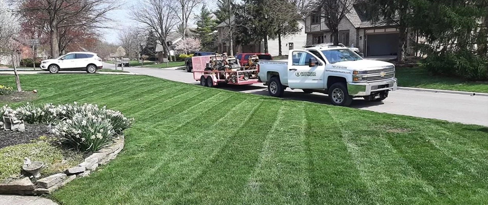 Mowed lawn with patterns added in Lewis Center, OH.