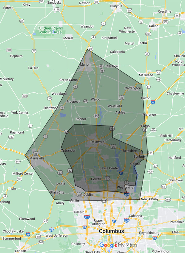Northern Columbus, Ohio service map centered around Delaware, Ohio for Hoffmans Lawn & Fertilization
