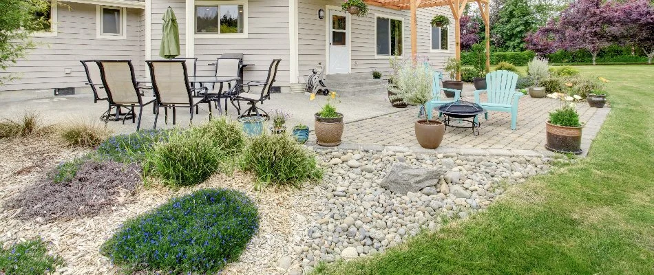 Rocks in a landscape bed on a property in Delaware, OH.
