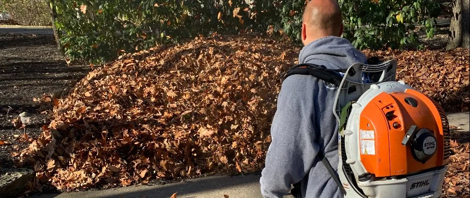 Worker blowing leaves into a pile on a property in Delaware, OH.